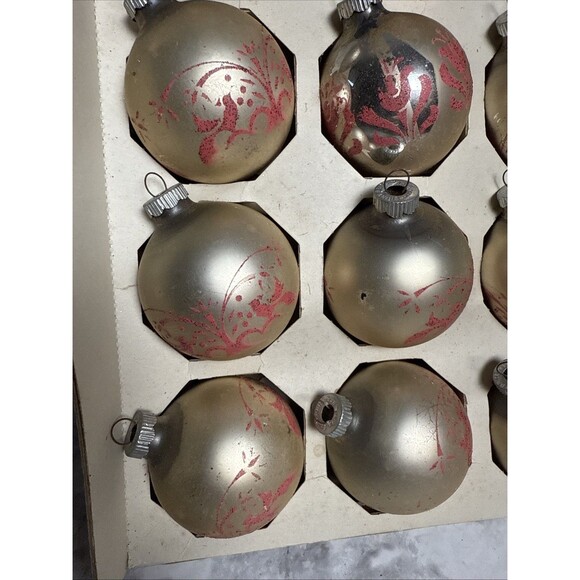 Vtg Shiny Brite Glass Ornaments Box 12 Stencil Glitter Solid Xmas USA READ - Picture 3 of 10